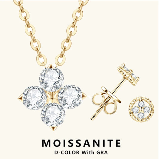 Lnngy Certified GRA Four Leaf Clover Moissanite Necklace Stud Earring Jewelry Set For Women 925 Sterling Silver Pendant Necklace