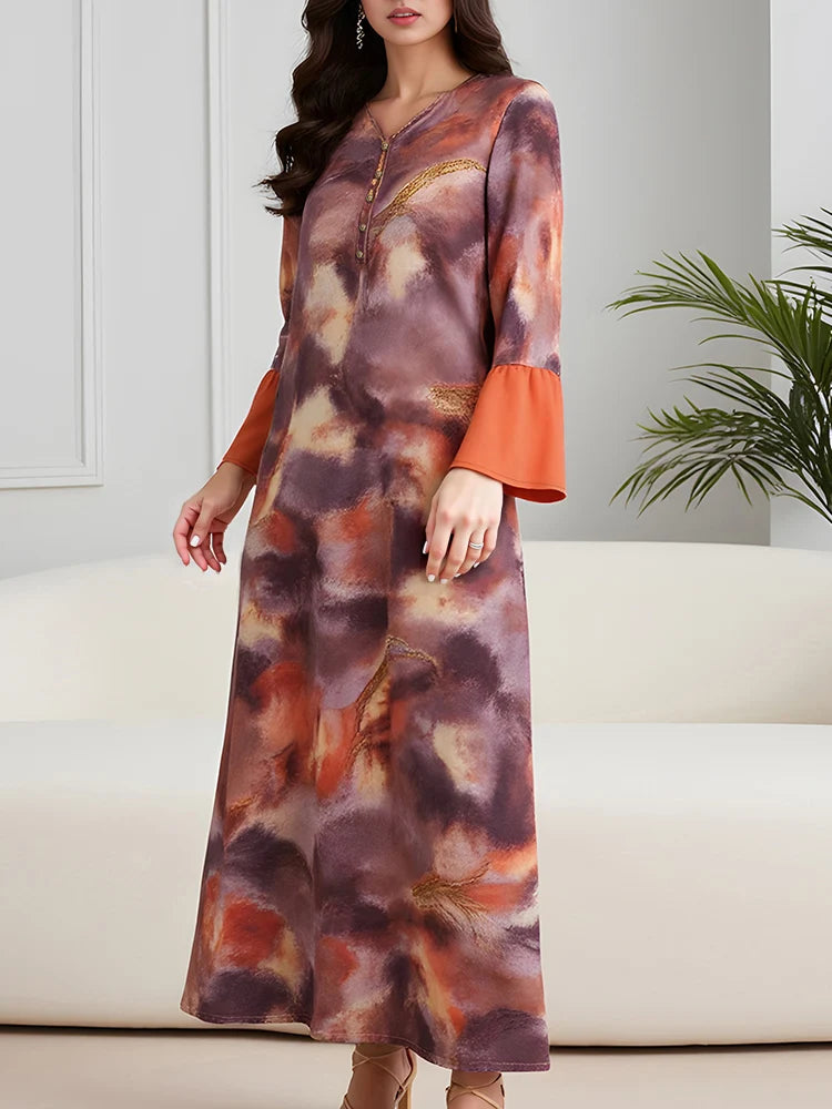 Rafiah Dress Spring Summer Elegant Modest Fashion Tie Dye Long Sleeve V-Neck Maxi Evening Dresses