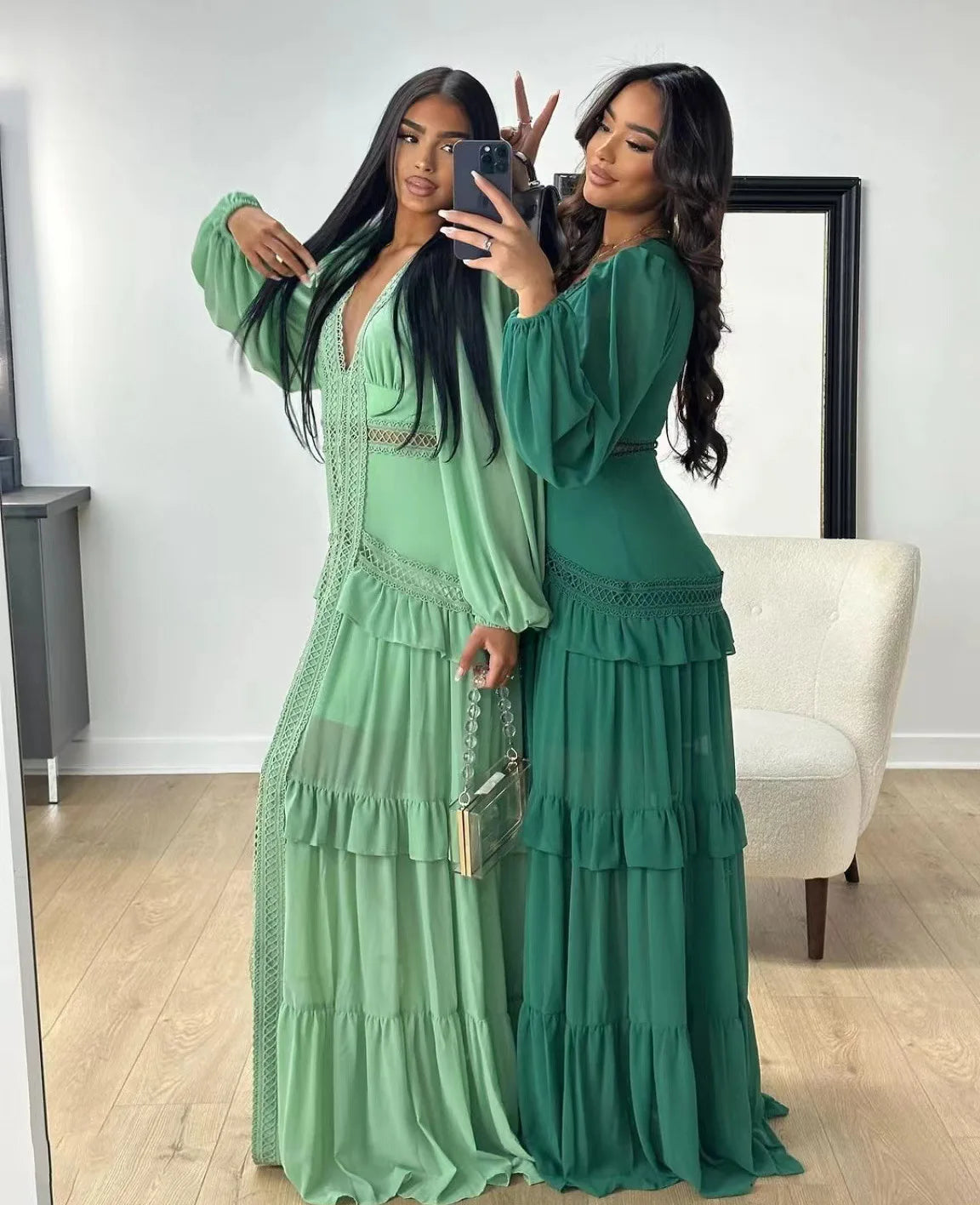 Maxi Dress Ruffles Long Sleeve Hollow Out Evening Dresses Party Chic Robe Green Blue Purple New In Holiday Summer