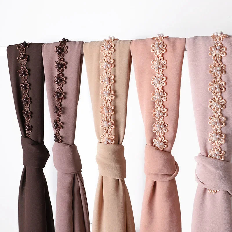 Muslim Hijab Plain Bubble Chiffon Long Scarf for Women Beading Lace Headscarf Arab Shawls African Hair Cover Wraps New Fashion