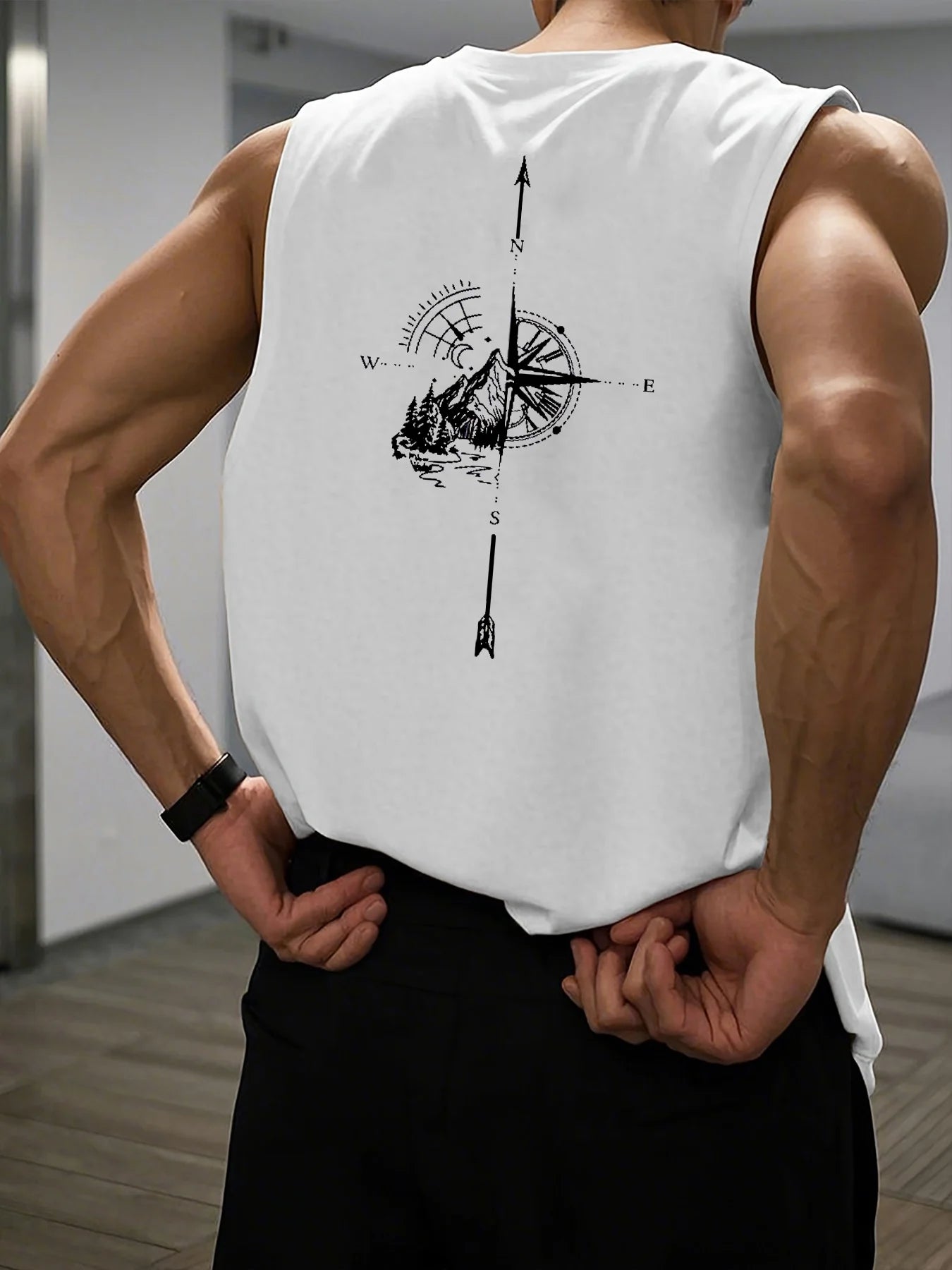 🧭 Men’s Summer Sleeveless Vest,
Mountain & Compass Print | N.S.E.W Arrows | Loose Fit | Comfortable & Breathable | Travel & Fitness