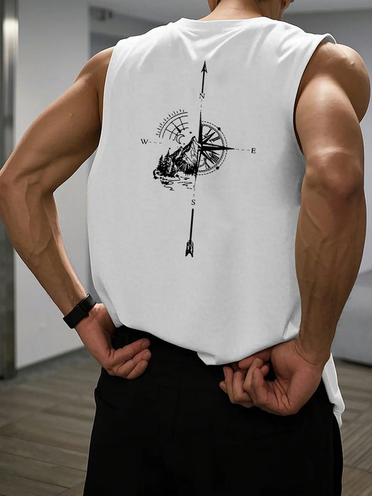 🧭 Men’s Summer Sleeveless Vest,
Mountain & Compass Print | N.S.E.W Arrows | Loose Fit | Comfortable & Breathable | Travel & Fitness