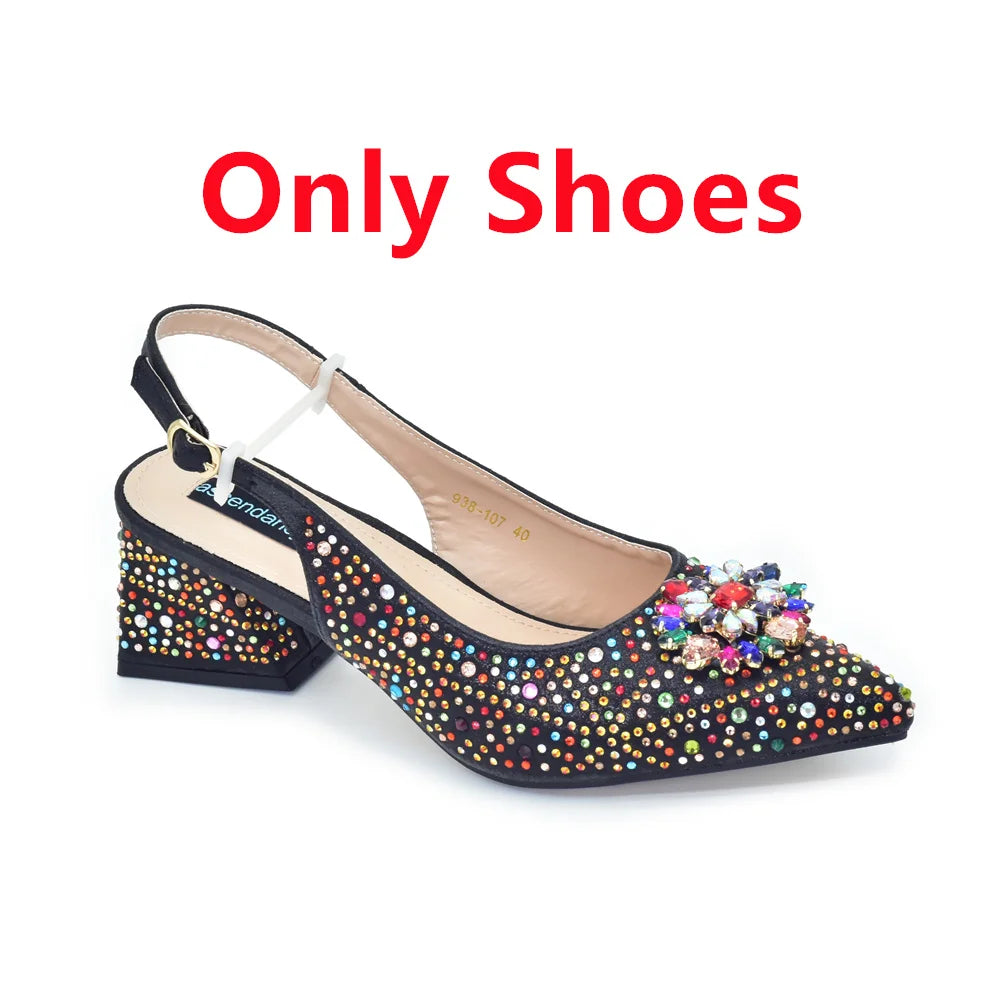 Elegant Baldauren Women’s Italian-Style Pointed Toe Slingback Pumps with Crystal Rhinestones & Matching Bag – African Party & Wedding Set (Sizes 37-43)