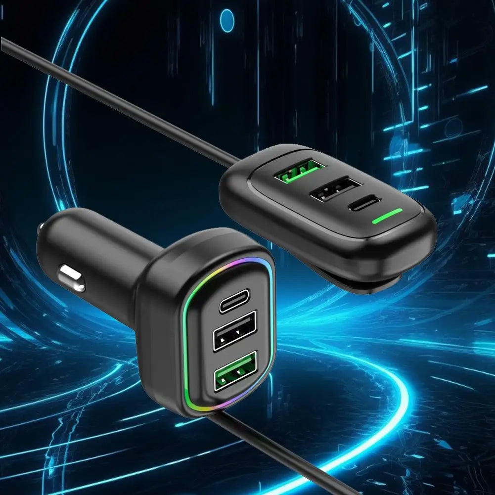 6-Ports USB Type-C Front And Rear Extension Car Charger With RGB Light PD Fast Charging Power Adapter For Iphone Tablet