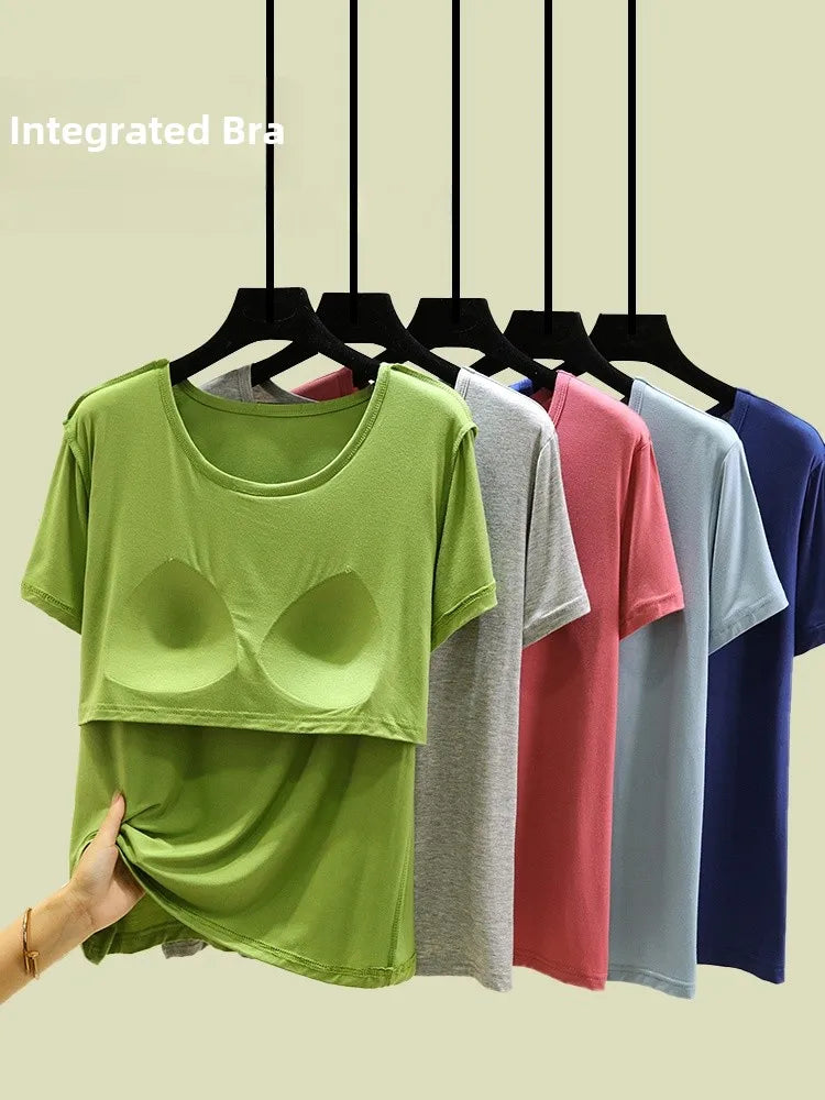 Loose Modal T-irt Women's Spring Summer round Ne ort Sve Built-In Bra Large Size Base irt Casual Sle Summer Top