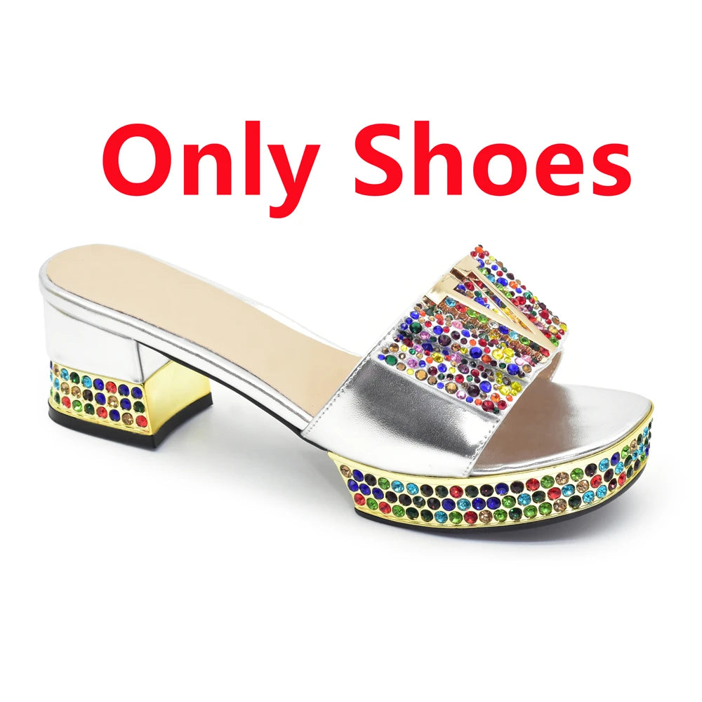 Silver sandal with colorful rhinestones on a white background with 'Only Shoes' text.