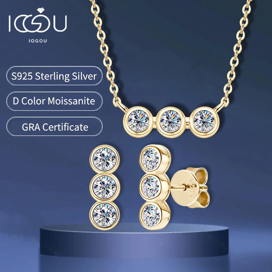 IOGOU 3mm Moissanite Jewelry Sets Real 925 Silver for Women 3 Stones Pendant Necklace Stud Earrings Set Valentine's Day Gifts
