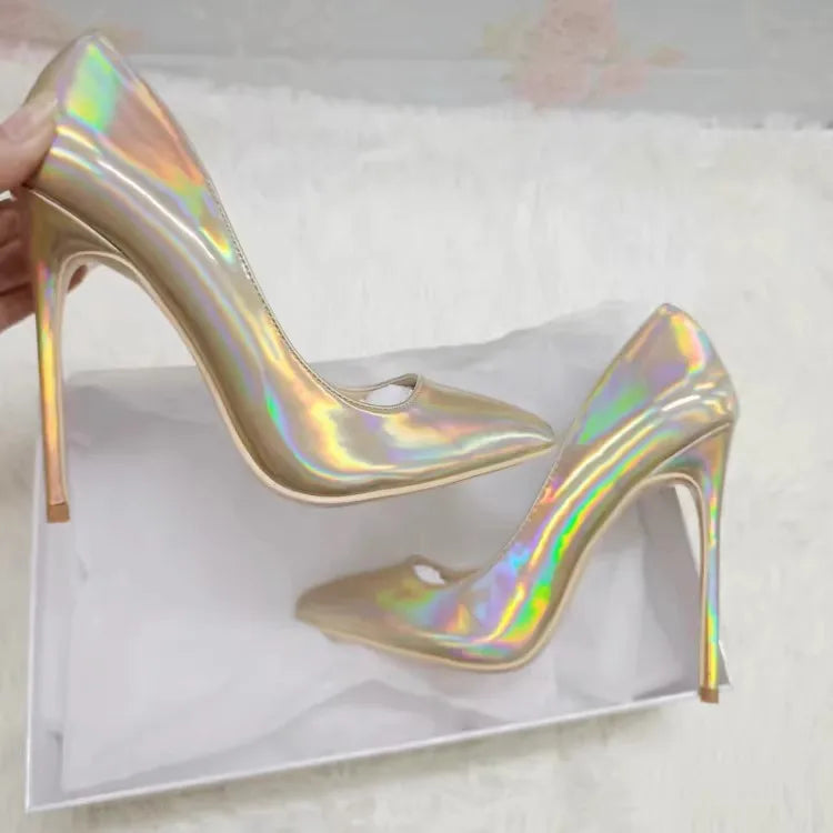 2025 New Party Banquet High Heels For Women Temperament Single Shoes 10CM 12CM Fashion Pointed Laser Holographic Summer Pumps