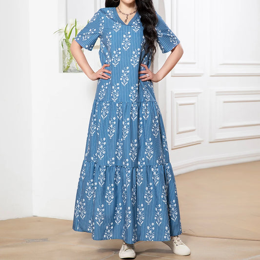 Rafiah Summer Dress 2025 Full Print Stripes Women's Casual Short Sleeve V-Neck A-Line Maxi Dating Arabian Dress