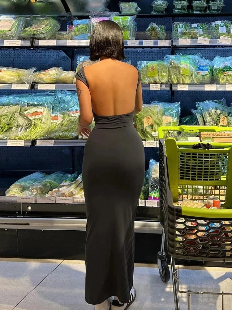 Women Solid Sexy Backless Maxi Dress Women Elegant Elastic Slim Short Sleeve Long Dresses Female Bodycon Streetwear Clothing