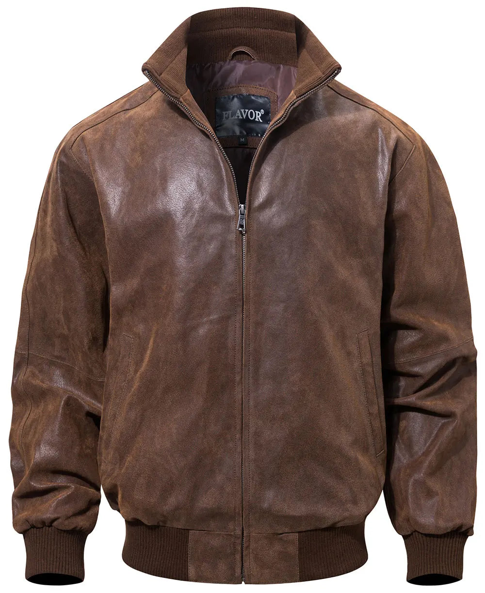 Men’s Pigskin Leather Bomber Jacket – Casual Stand Collar Leather Coat