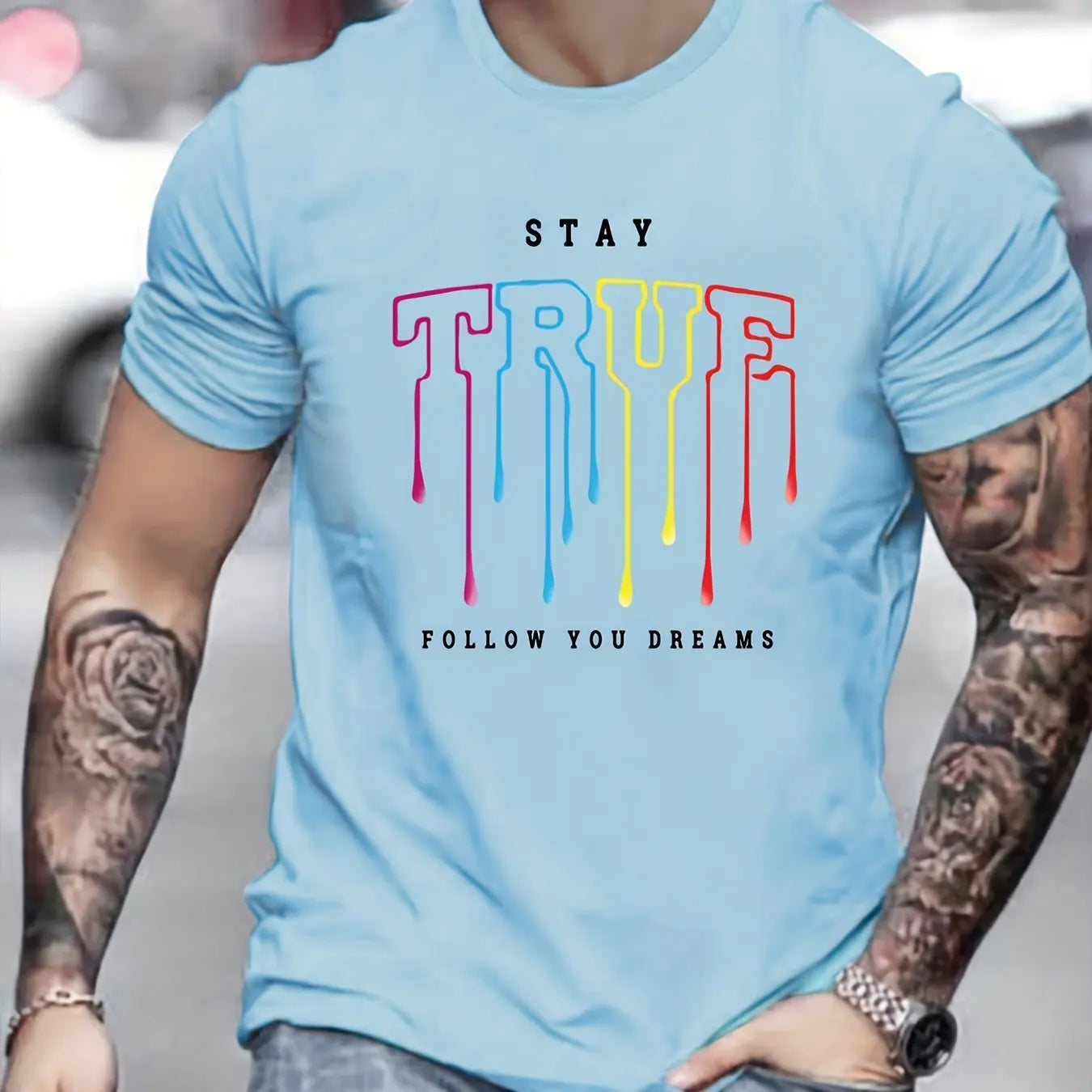 Men’s Summer 100% Cotton Casual T-Shirt,“Stay” Letter Print | Loose Fit | Round Neck | Breathable Comfort