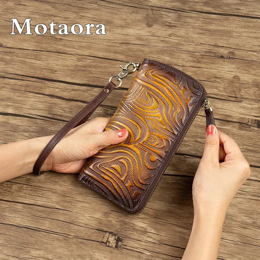 MOTAORA Women's Genuine Leather Long Wallet Retro Vintage Cowhide Bifold Card Holder Phone Purse Handmade Zipper Coin Pocket