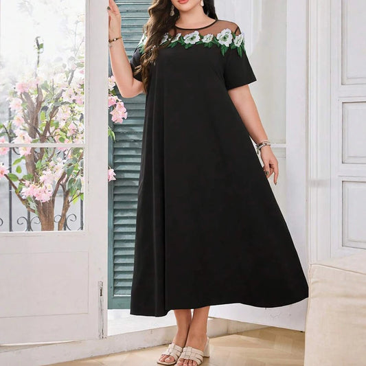 Plus Size Rafiah Women's Arabian Dress Summer Fashion Decent Floral Short Sleeve Round-Neck Midi Casual Shift Dresses