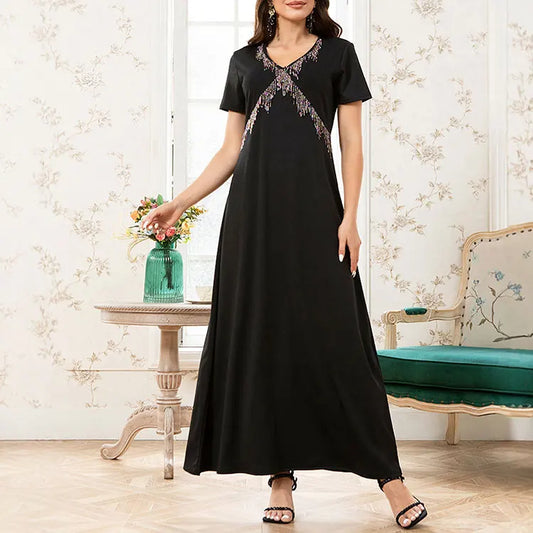 Rafiah Women's Dresses Summer Elegant Fashion 2025 Plain Tassel Short Sleeve V-Neck A Line Midi Vacation Long Dresses