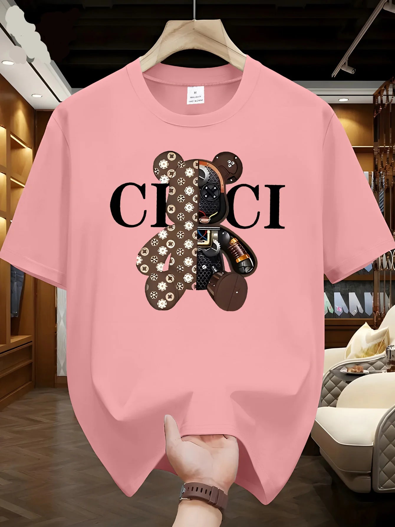 Men's summer 100% pure cotton fashionable casual loose brown mechanical bear cartoon printed round neck short sleeved T-shirt