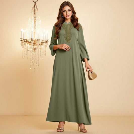 Rafiah Summer Long Dresses 2025 Decent Elegant Basics Graphic Printing Long Sleeve Mandarin Collar Midi A-Line Dresses For Women