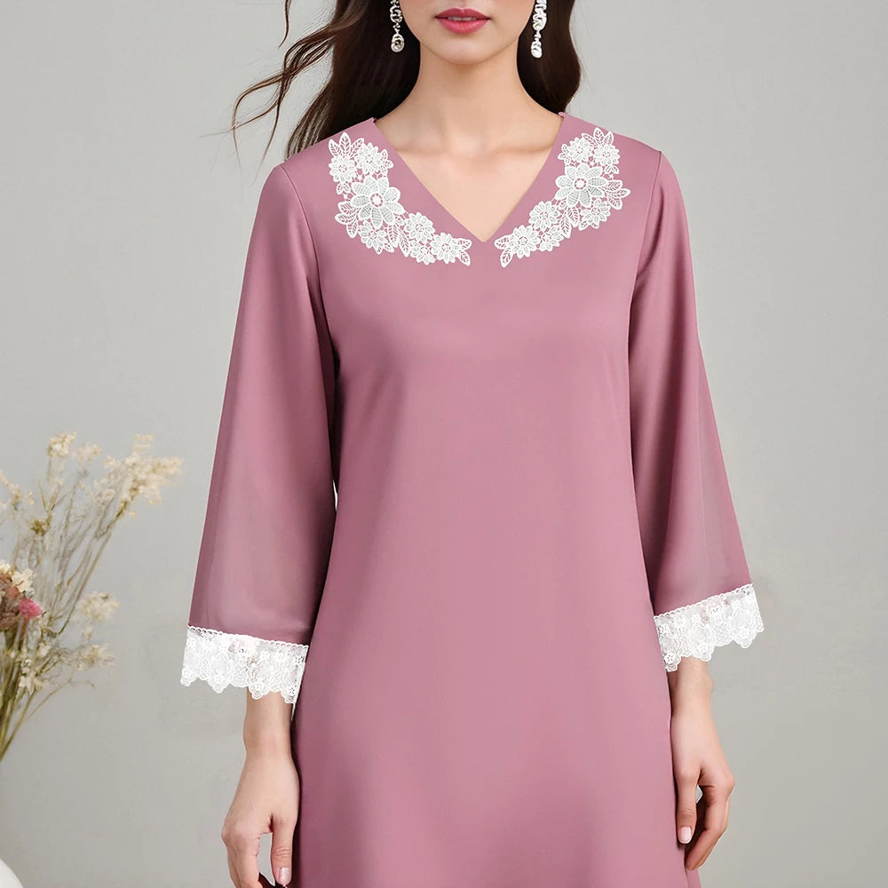 Rafiah Summer Women's Arabian Dresses 2025 Elegant Plain Floral Appliques Lace Long Sleeve V-Neck Ruffle Hem Long Dress
