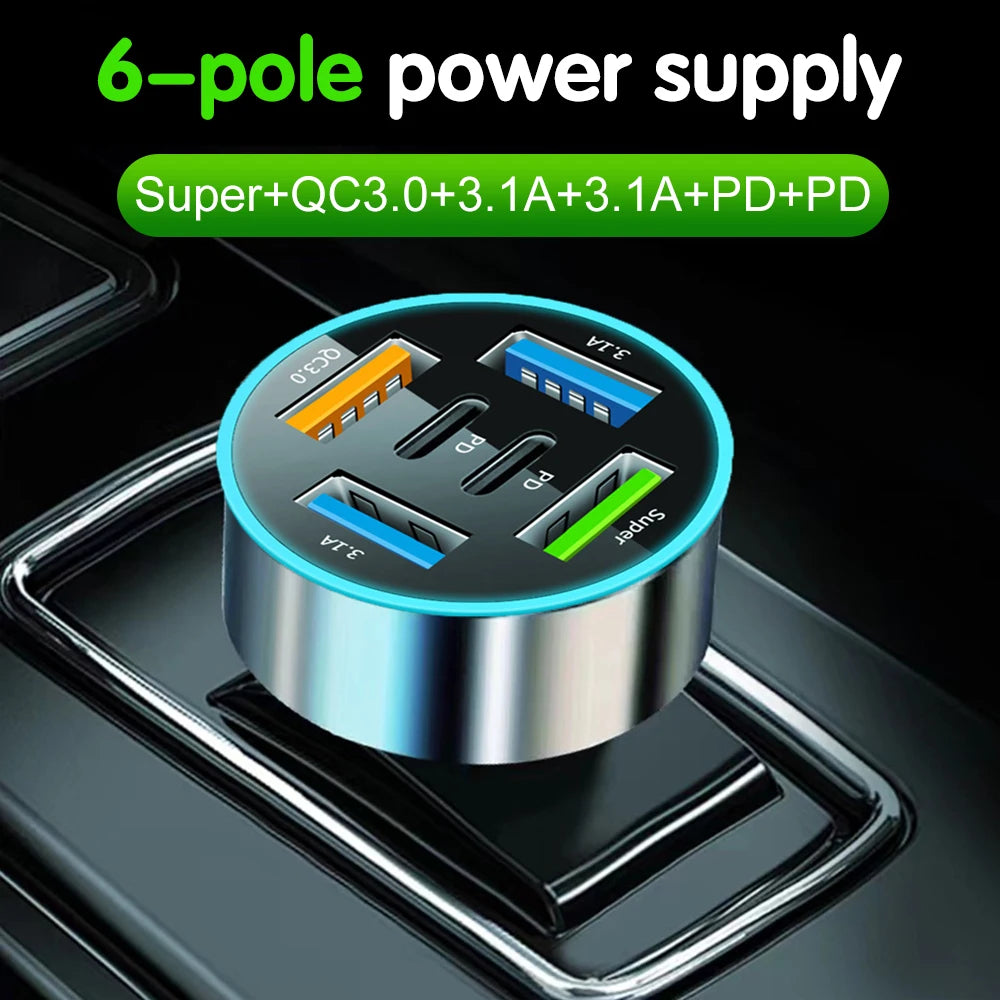 250W 5 Ports Car Charger Fast Charging PD QC3.0 USB C Car Phone Charger Adapter With Voltage For iPhone Samsung Huawei Xiaomi
