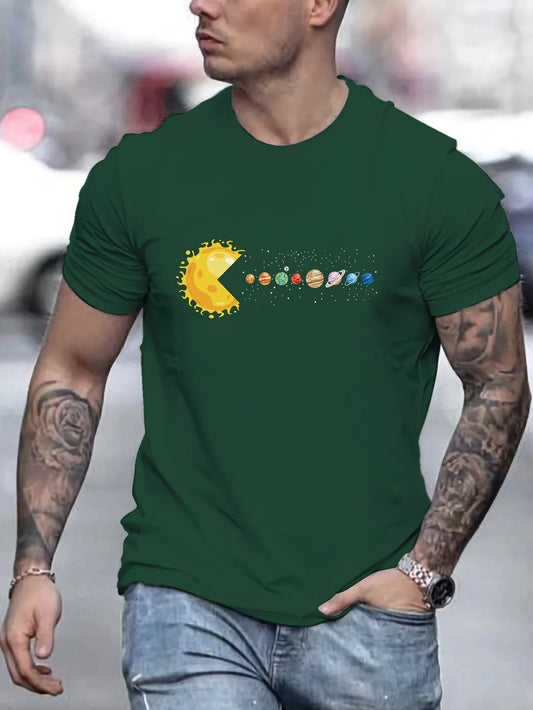 Men's 100% pure cotton summer loose and comfortable casual pac man style sun planets 🪐 eaten printed round neck short sleeved T-shirt top