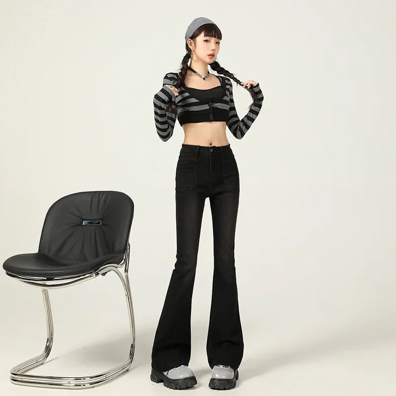 American Style Vintage Jeans Women's Slim Fit High Street Bootcut Pants 2024 Autumn Winter Slimming Petite Bootcut Trousers