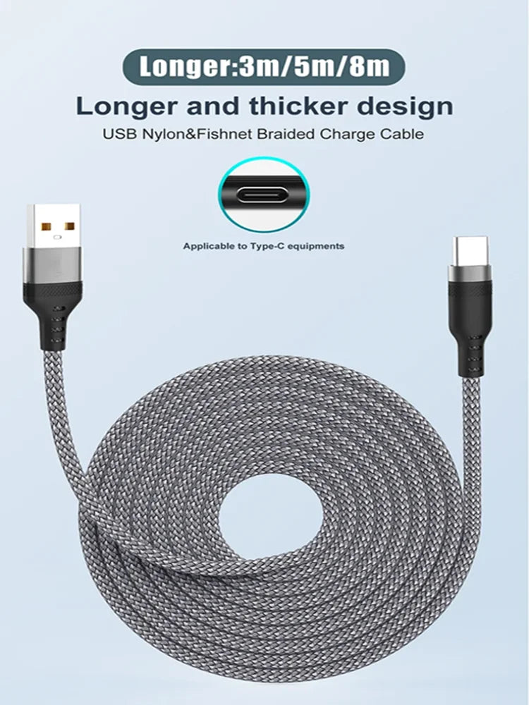6A Extended USB TYPE-C Cable Braided Data Cable Suitable for Samsung, Huawei,Xiaomi Switch, Sony PS5 TYPE-C 8m,5m,3m,2m,1m Cable