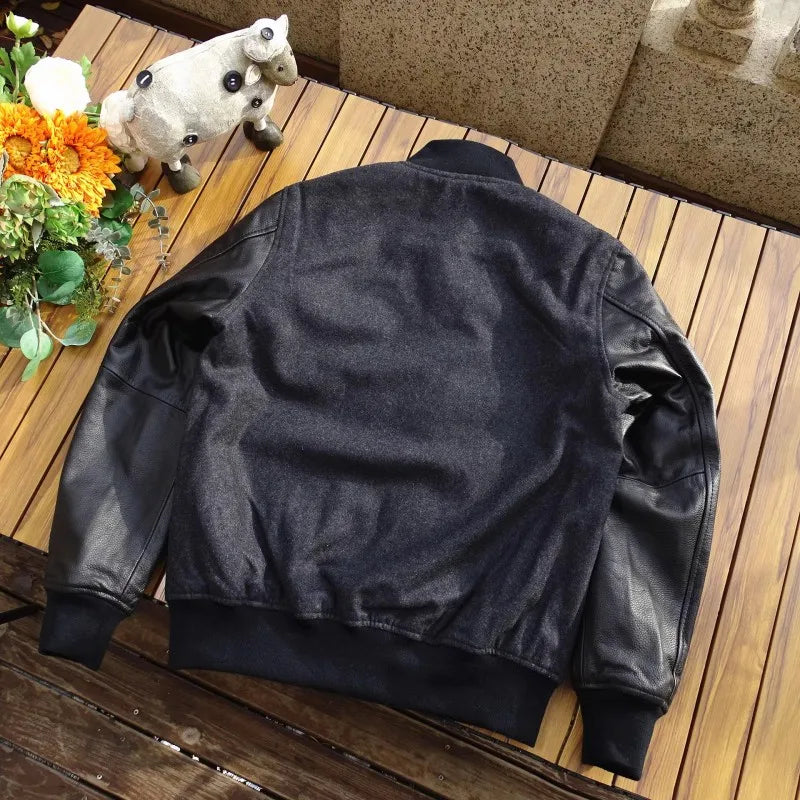 Men 100% Genuine Leather Jacket Woolen Patchwork Loose Stand Collar Jacket Street Zip Black Bomber Outerwear Plus Size 6XL