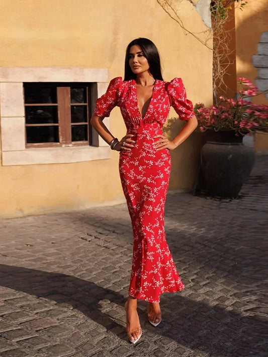 Women Sexy Patchwork Print Dress Fashion V-neck Short Puff Sleeve Hip Package Female Dresses 2025 Summer Urban Lady Robe