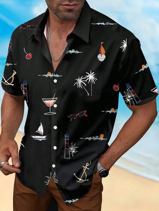Men's Woven Fashion Casual Beach Surf Holiday Palm Tree Pattern Slim Fit Short Sleeve Shirt