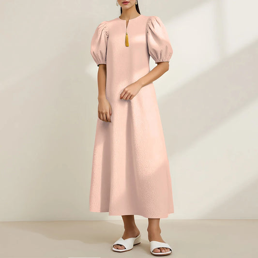Rafiah Women's Summer 2025 Arabian Dresses Solid Color Textured Split Neck Bubble Sleeve Ruffle Hem Tassel Trim Dresses