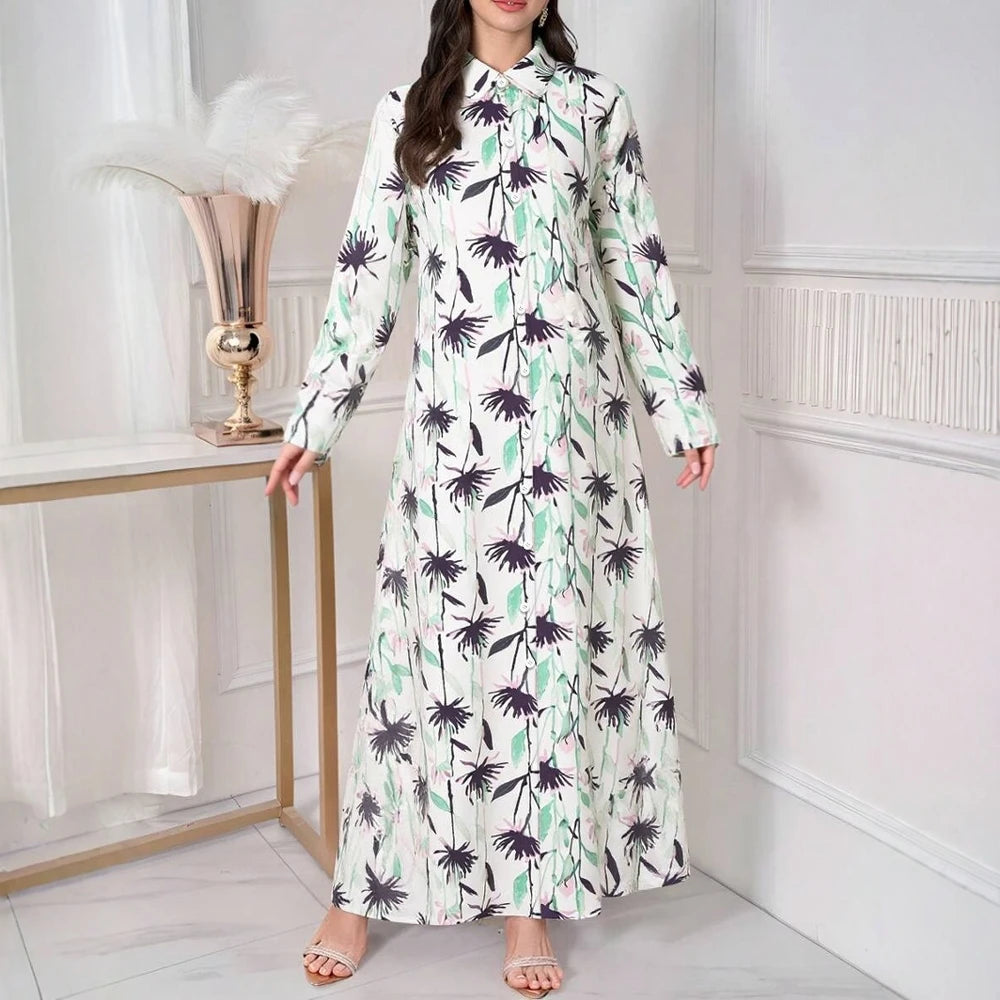 Rafiah Women's Arabian Dress Summer Fashion Basics Button Patchworkr Long Sleeve Crew Neck Midi A-Line Long Casual Dress