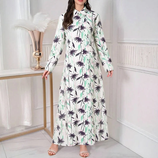 Rafiah Women's Arabian Dress Summer Fashion Basics Button Patchworkr Long Sleeve Crew Neck Midi A-Line Long Casual Dress
