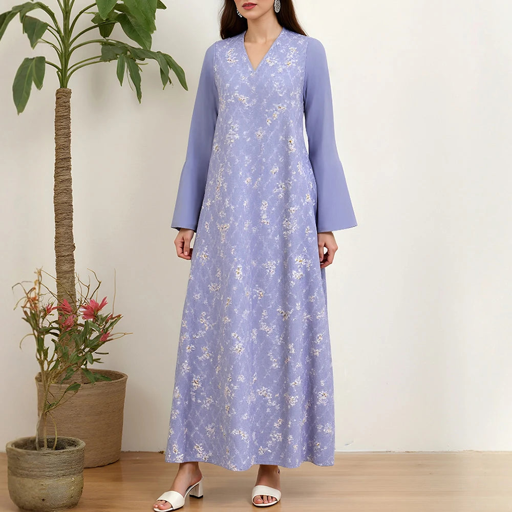 Rafiah Women's Dresses Summer Elegant Decent 2025 Long Sleeve Full Print V-Neck A Line Casual Long Dress