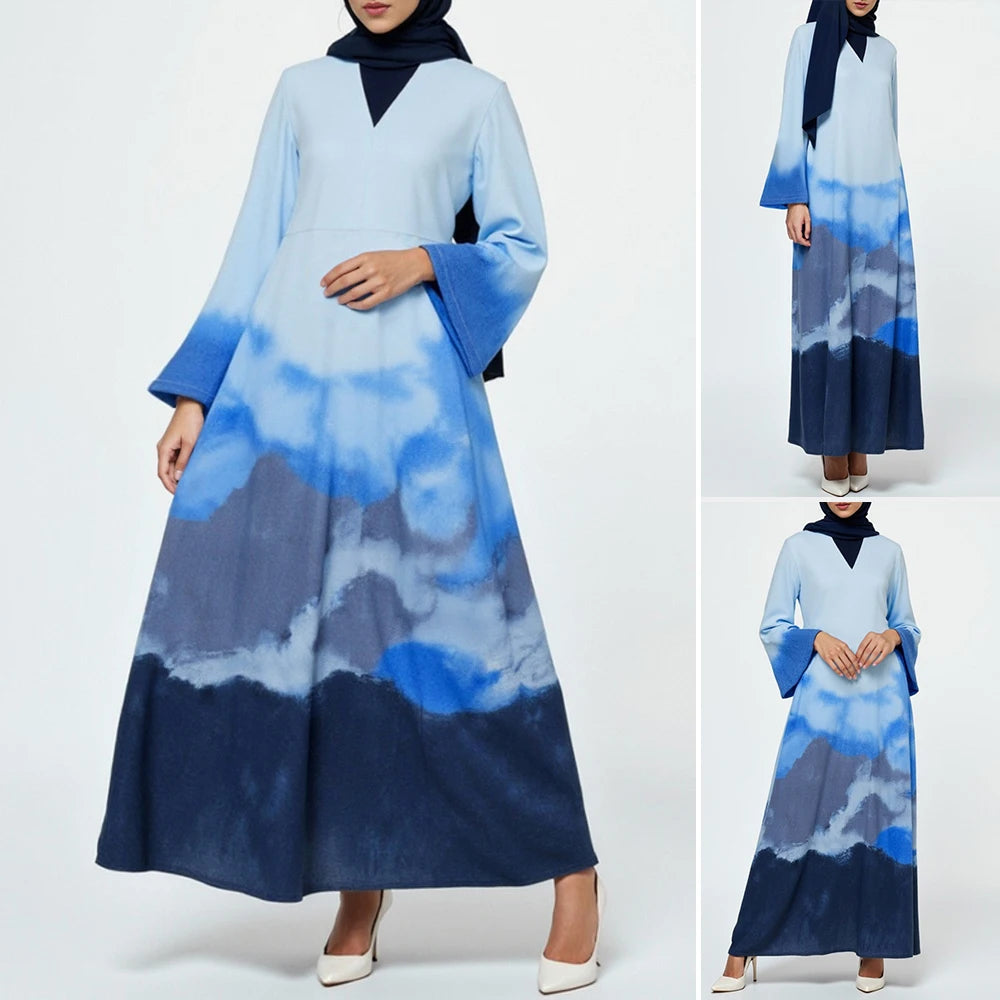 Rafiah Autumn Arabian Long Dress 2025 Chic Casual Gradient Long Sleeve V-Neck Midi A-Line Shift Dresses For Women