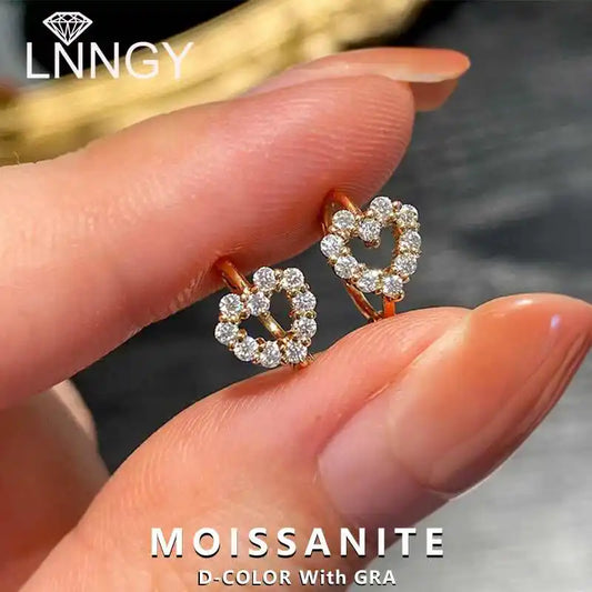 Lnngy Cute Hollow Heart Moissanite Hoop Earring For Women 925 Sterling Silver Shiny Stud Earrings Fashion Ear Buckle Jewelry