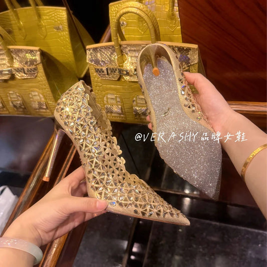 Rhinestone Pointed High Heels Pumps Women Crystal Hollow Slip On Stiletto Heel Banquet Dress Single Shoes 8cm
