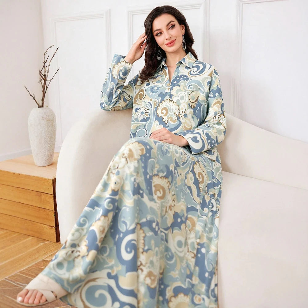 Plus Size Rafiah Women's Summer Arabian Dress 2025 Graphic Printing Long Sleeve Lapel A-Line Draped Long Dress