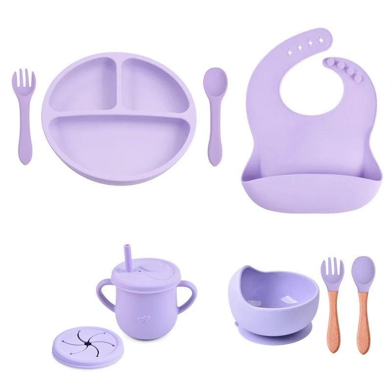 9pcs Baby Silicone Feeding Waterproof Set Children Suction Bowl Plate Spoon Fork Bibs Cup Kids Training Tablewear Bpa Free Gifts