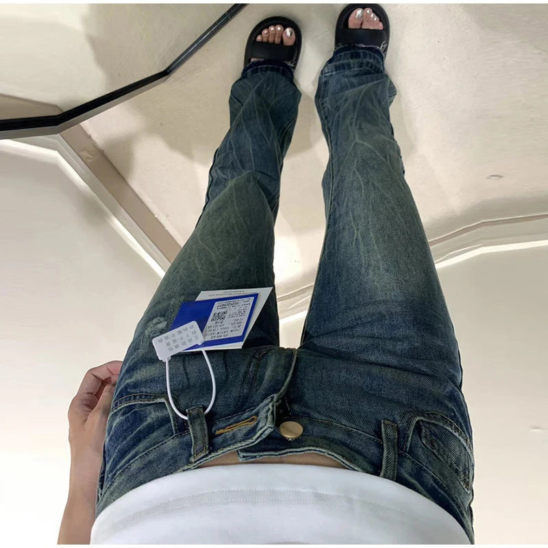 Vintage Women's Denim Low Rise Slightly Flared Jeans Pant Retro Pattern Printed Trendy Skin Fit Casual Daily Streetwear Trousers