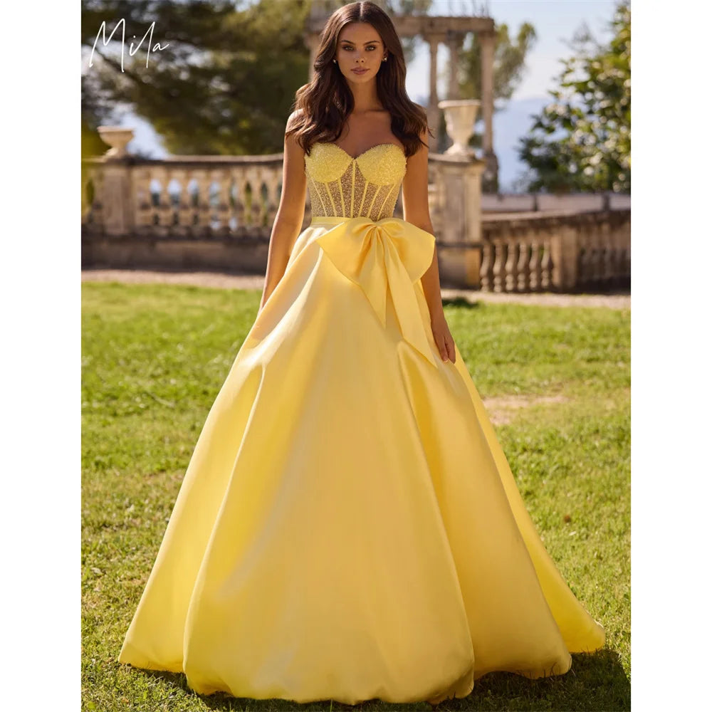 Mila Strapless A-Line Prom Dresses 2025 Sleeveless Beaded Corset Evening Dresses Elegant Bow Straps Customized Party Dresses