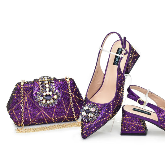 Elegant Baldauren Women’s Italian-Style Pointed Toe Slingback Pumps with Crystal Rhinestones & Matching Bag – African Party & Wedding Set (Sizes 37-43)