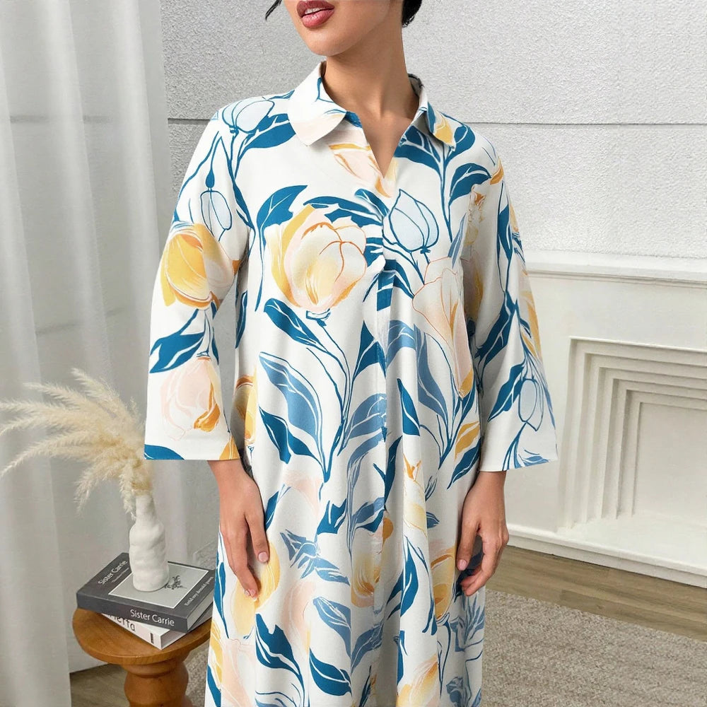 Plus Size Rafiah Women's Summer Arabian Dress 2025 Botanical Print Loose Fit Long Sleeve Lapel Draped Long Dress