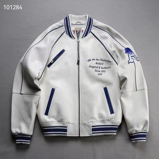 trend Varsity clothes Men's Genuine Leather Baseball Jackets Thickened French Sheepskin Autumn Winter Warm Avirex USA Size Coats