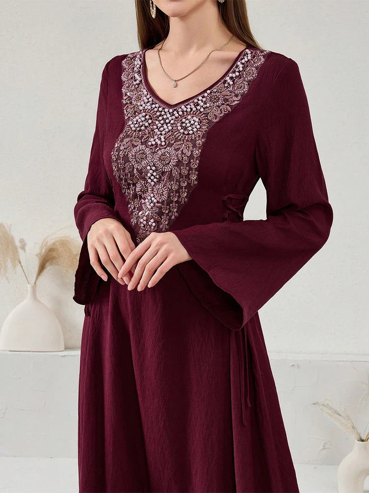 Rafiah Ramadan Emirati Lace-Up Long Sleeve Elegant Dress Crystal and Sequin Embellishments in Sober Burgundy for Women