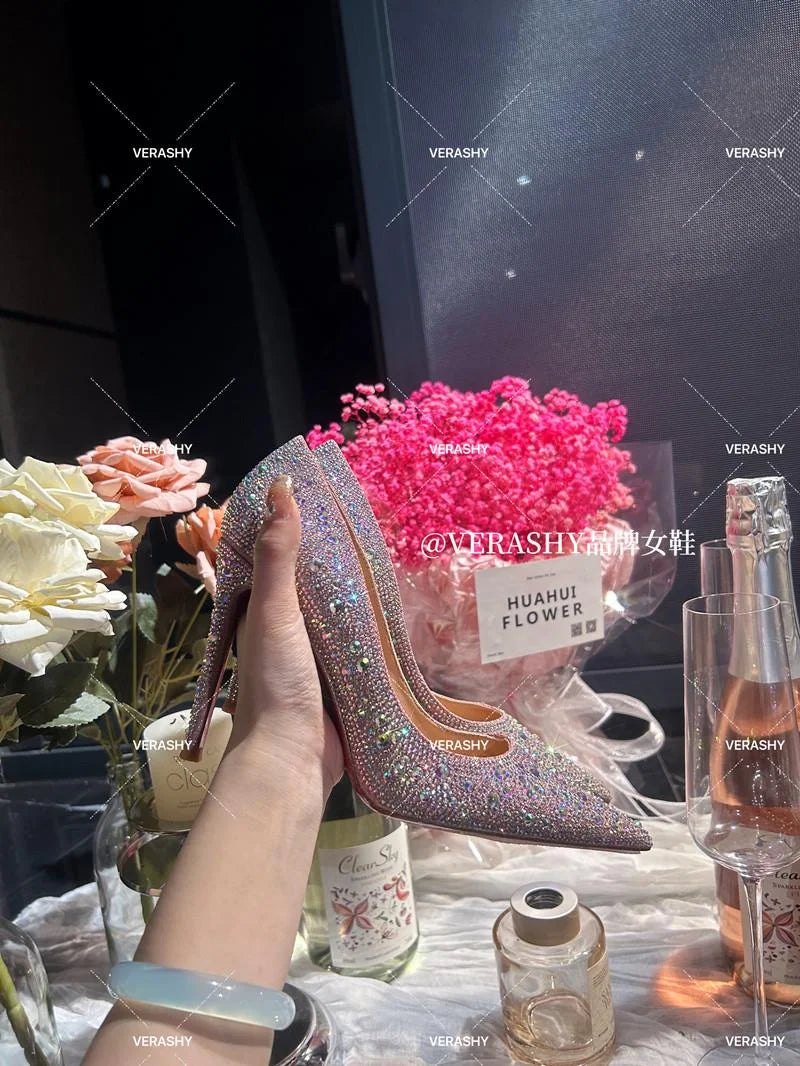 Crystal red soled high heels, black pointed shallow mouth single shoes, thin heels, evening temperament women's shoes