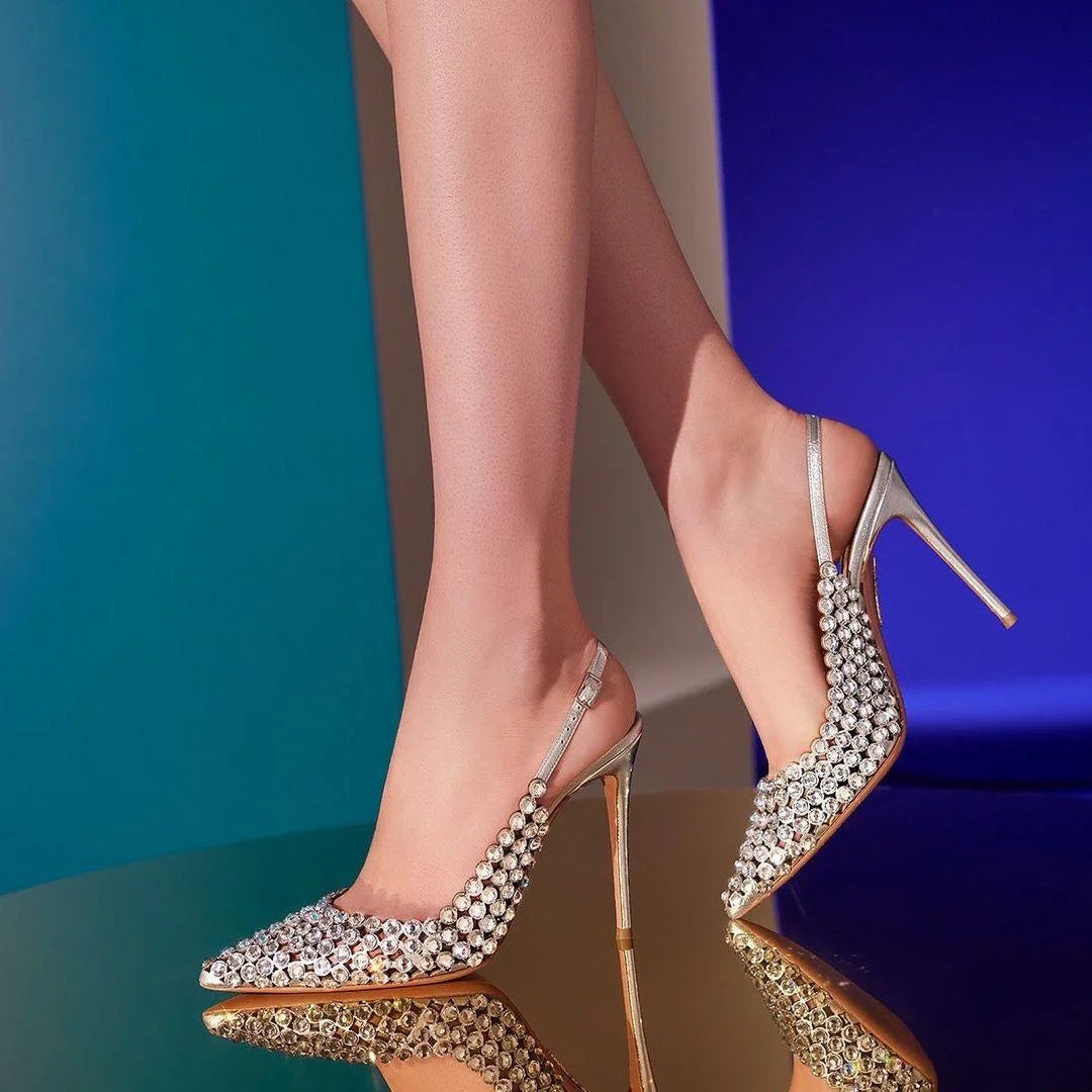 Silver Water Drop Shiny Diamond Slingback Sandals Girls Luxury Party Pointed Stilettos Gold Leather Cover Heels Shoes