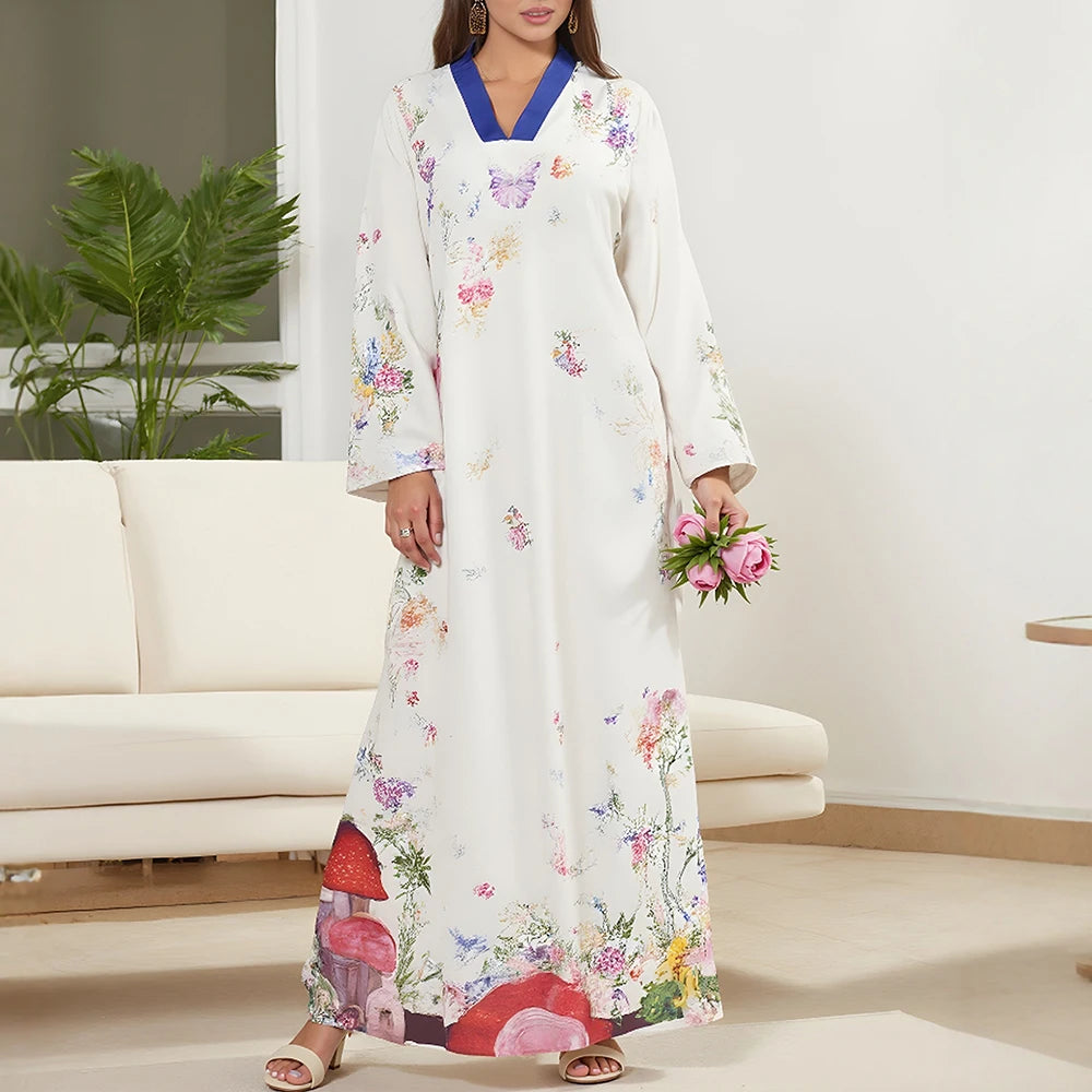 Rafiah Women's Dresses Summer Elegant Decent 2025 Cultural Print Long Sleeve V-Neck A Line Casual Long Dress
