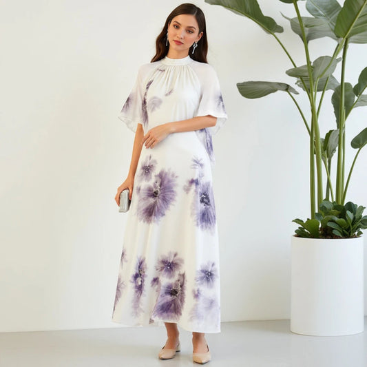 Rafiah Women's Summer Long Dress Arabian 2025 Casual Flower Print Sheer Draped Short Sleeve Halter Neck Vacation Dress