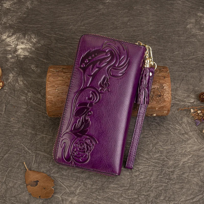 MOTAORA Vintage Women's Leather Wallet 3D Embossed Floral Clutch Bag Genuine Cow Leather Coin Purse Ladies Small Wallet 2025 NEW