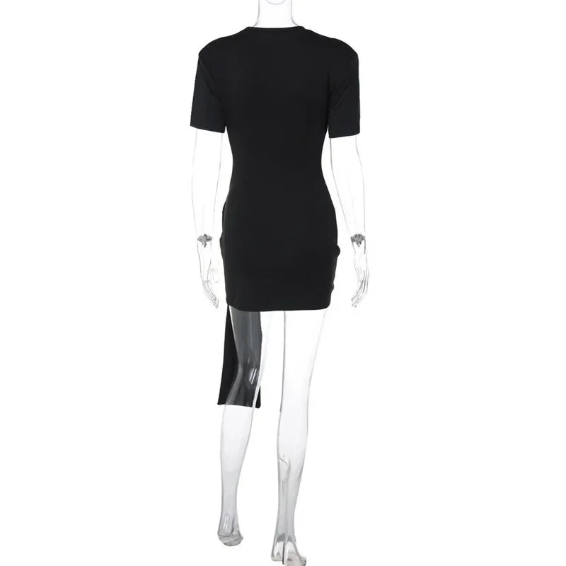 Women's Luxury Black Draped Mini Dress – Metal Buckle, O-Neck, Bodycon Fit